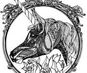 Coloriage licorne difficile avec des fleurs