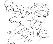 Coloriage licorne qui saute sur arc en ciel