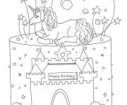 Coloriage Licorne sur g&acirc;teau anniversaire