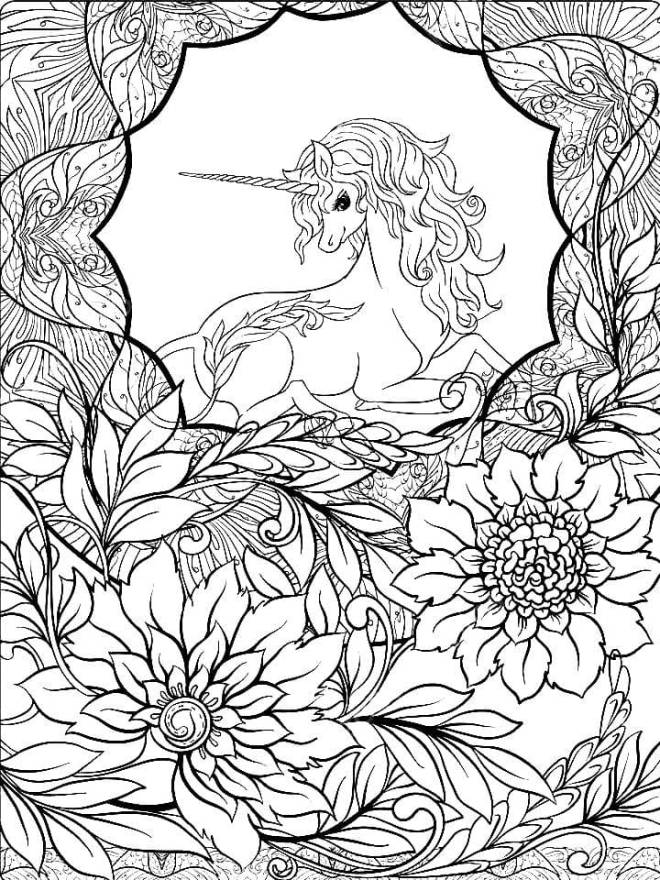 Coloriage et dessins gratuits Une licorne antistress avec des fleurs à imprimer
