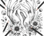 Coloriage Des jolis mains d'une femme avec des fleurs
