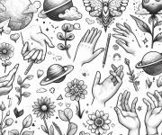 Coloriage Mains avec des plan&egrave;tes et des fleurs