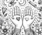 Coloriage Mains ouvertes avec des coeurs &agrave; motifs