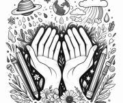 Coloriage Mains ouvertes avec des &eacute;l&eacute;ments de nature