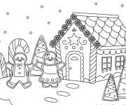 Coloriage Bonhomme et sa femme en biscuit devant la maison de pain d'&eacute;pice