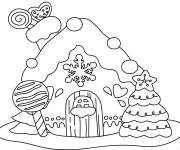 Coloriage D&eacute;coration de maison de pain d'&eacute;pice avec des sapins de noel et d