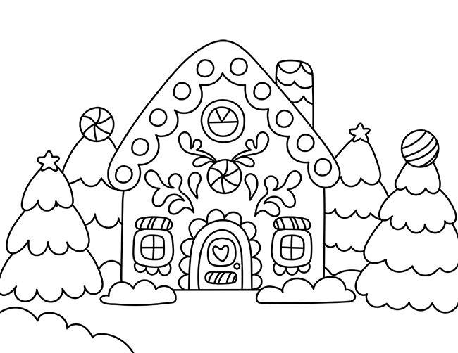 Coloriage Des sapins de noël autour d'une maison en pain d'épice simple