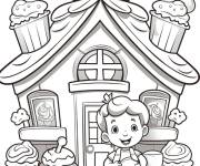 Coloriage Enfant mignon devant une maison en pain d'épice