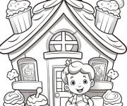 Coloriage Enfant mignon devant une maison en pain d'&eacute;pice