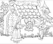 Coloriage Fille et gar&ccedil;on devant une maison en pain d'&eacute;pice
