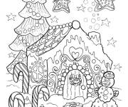 Coloriage Le bonhomme de neige devant une maison sucr&eacute; magique