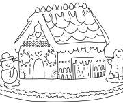 Coloriage Maison de pain d'épice et bonhomme de neige pour la fête de noel