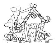 Coloriage Maison en pain d&rsquo;&eacute;pice avec des bonbons dans le jardin