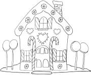 Coloriage Maison en pain d&rsquo;&eacute;pice avec des sucettes au lieu de sapins de noe