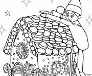 Coloriage Maison en pain d'épice avec elfe sur le toit