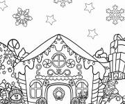 Coloriage Maison en pain d'épice avec le Père Noël et le bonhomme de neige