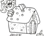 Coloriage Petite fille se cache derri&egrave;re la maison en pain d'&eacute;pice