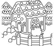 Coloriage Pusheen devant une maison de pain d'&eacute;pice