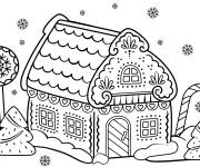 Coloriage Sapins de noel qui entourent une maison de pain d'&eacute;pice