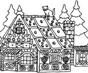 Coloriage Un chat mignon sur le toit d'une maison en pain d'&eacute;pice