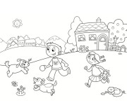 Coloriage Enfants qui jouent à la Campagne