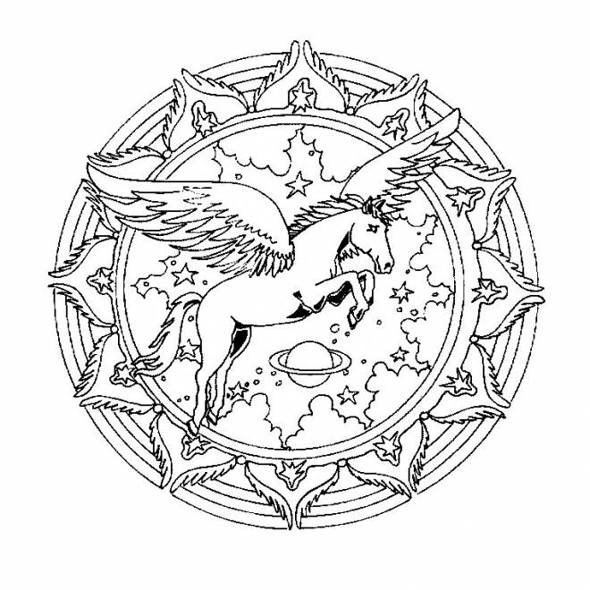 Coloriage Mandala licorne volante dessin gratuit à imprimer