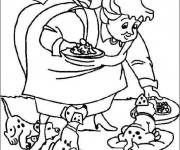 Coloriage Femme apporte le Repas des Chiens