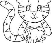 Coloriage Le Chat mignon Mange de La Viande