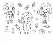 Coloriage M&eacute;decin femme avec outils de traitements