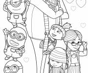 Coloriage Gru avec les Minions et d'adorables filles de dessin anim&eacute;