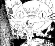 Coloriage Catbus, Mei et Satsuki Kusakabe anime en noir et blanc