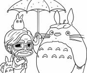 Coloriage Chibi Hayao Miyazaki sous le parapluie de Totoro