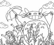 Coloriage Mei, Satsuki et Totoro en plein air