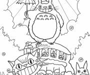 Coloriage Totoro au sommet de Catbus avec Susuwatari dans les nuages
