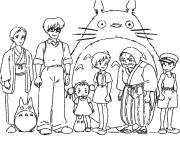 Coloriage Totoro avec une grande famille de village