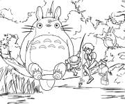 Coloriage Totoro et ses amis sur la branche de l'arbre