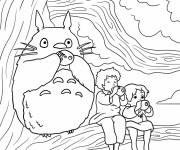 Coloriage Totoro mangeant avec Satsuki et Mei