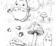 Coloriage Totoro ramasse de champignons