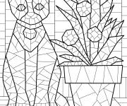 Coloriage Chats assis &agrave; c&ocirc;t&eacute; de pots de fleurs en mosa&iuml;que