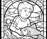 Coloriage Enfants tenant un poisson en Mosa&iuml;que de vitraux