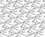 Coloriage Mosaique en Tessellation avec oiseaux et poissons