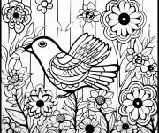 Coloriage Motif de oiseau et fleurs en mosa&iuml;que