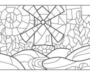 Coloriage Paysage de moulin en Mosaique
