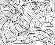 Coloriage Vagues massives avec des poissons en mosaïque