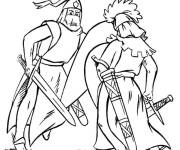 Coloriage Combat entre deux chevaliers de moyen age