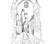 Coloriage Le passage vers ch&acirc;teau du Moyen &Acirc;ge