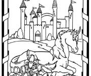 Coloriage Licorne devant un chateau du moyen age