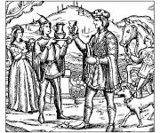 Coloriage Sc&egrave;ne du prince buvant du vin au moyen age