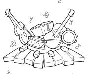 Coloriage Batterie, guitare, violon, tambourin et piano