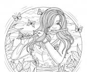 Coloriage Femme joue de la fl&ucirc;te avec des papillons